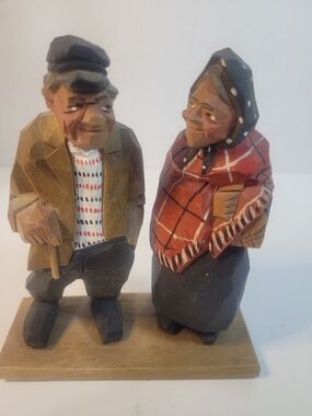 Hand-Carved Folk Art Elderly Couple Figurine – Signed